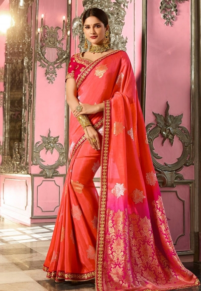 Salmon Pink Indian wedding Silk saree