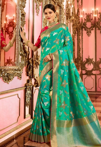 Green and red Indian wedding silk Saree