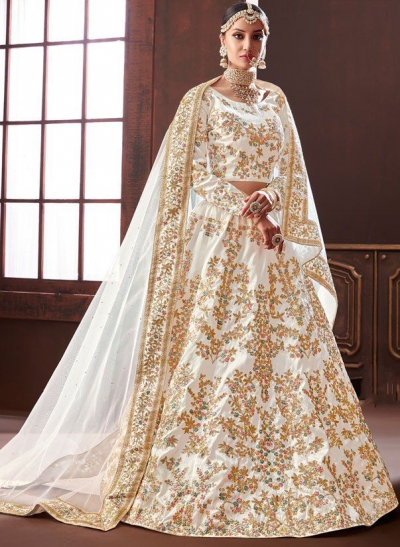 White Pure silk Indian wedding lehenga