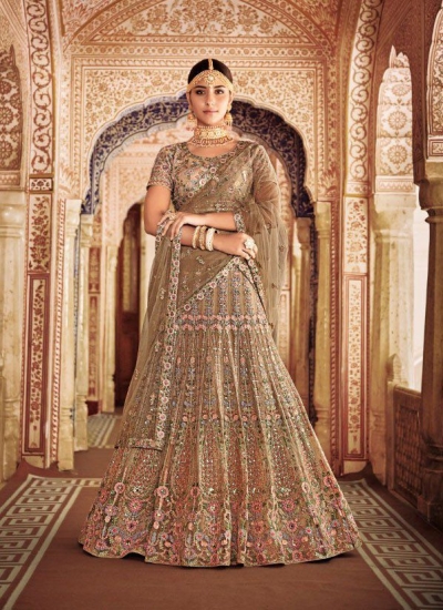 Beige color silk and net Indian wedding lehenga
