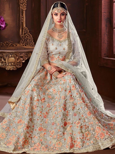 Buy Grey color pure organza silk Indian wedding lehenga in UK, USA and ...