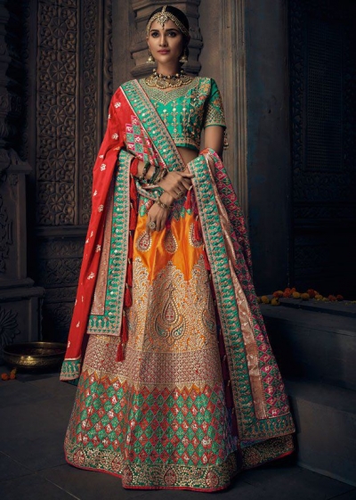 Yellow and green banarasi silk Indian wedding lehenga