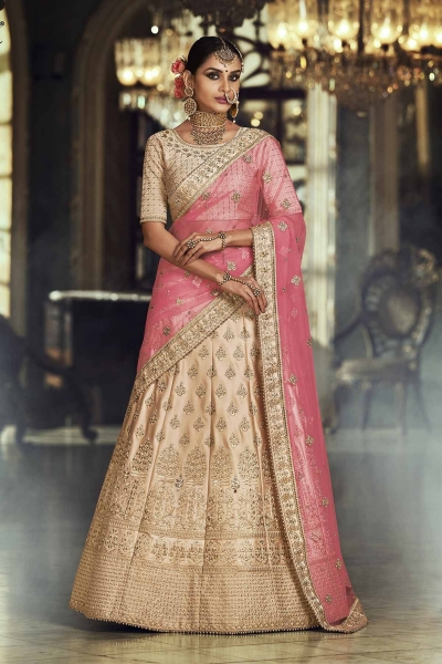 Chickoo and pink satin silk Indian wedding lehenga