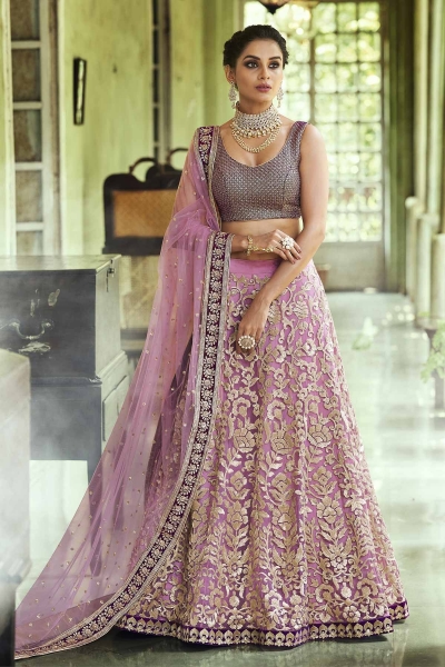Mouve color net Indian wedding lehenga