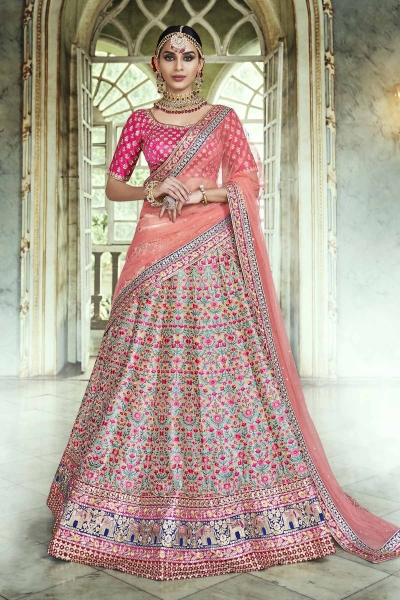 Peach and chickoo Handloom silk Indian wedding lehenga