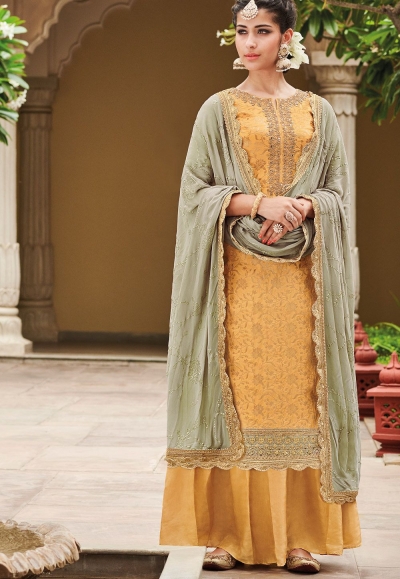 Mustard Dola Silk Sharara Style Pakistani Suit 33