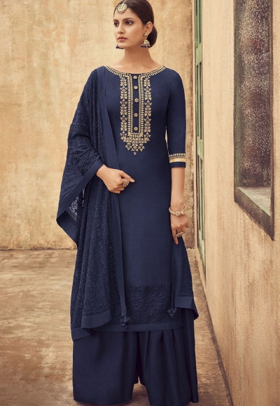 Navy Blue Pure Silk Sharara Style Pakistani Suit 45