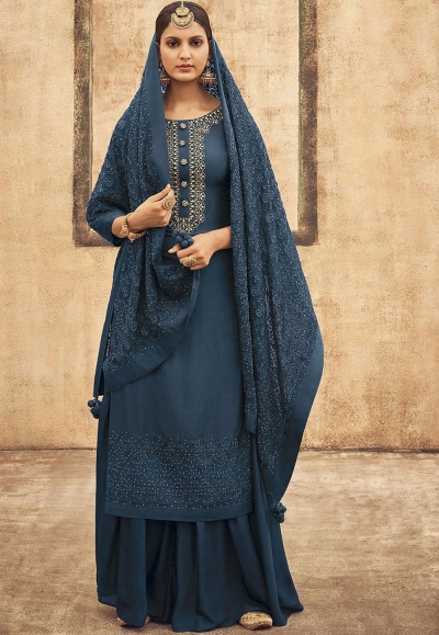 Blue Pure Silk Sharara Style Pakistani Suit 42