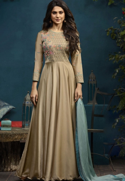 Jennifer Winget Beige Silky Georgette Long Anarkali Suit 5023