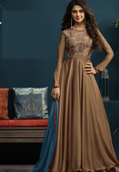 Jennifer Winget Beige Silky Georgette Floor Length Anarkali Suit 5017