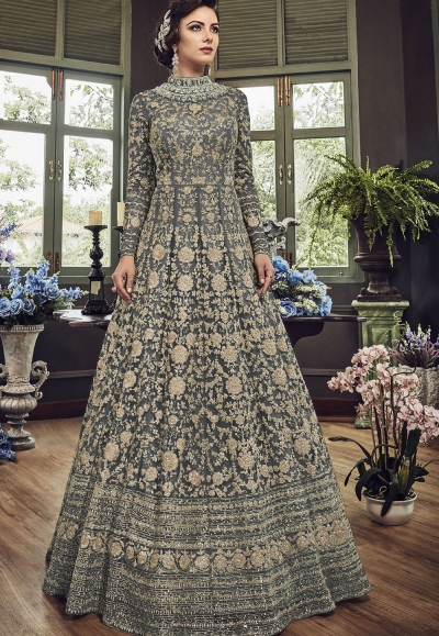Grey Net Embroidered Long Designer Anarkali Suit 5810F