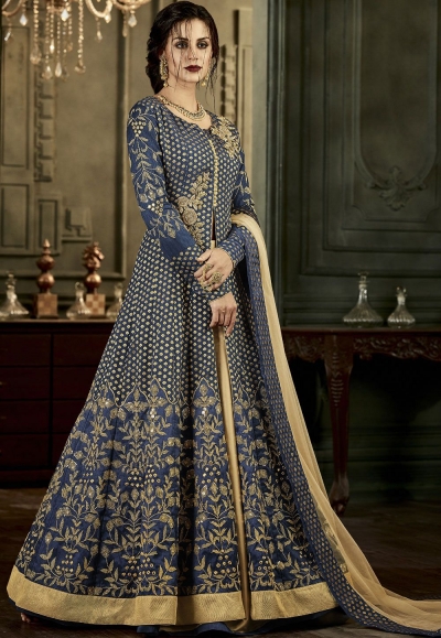 Blue Silk Lehenga Style Anarkali Suit 34005