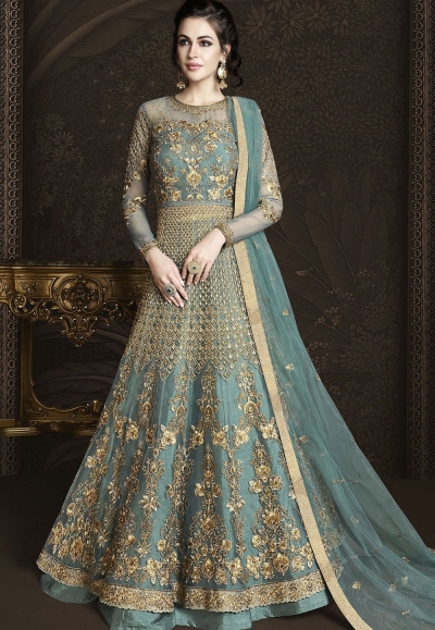 Blue Shade Net Embroidered Designer Lehenga Anarkali Suit 6433