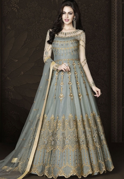 Grey Net Long Embroidered Designer Anarkali Suit 6432