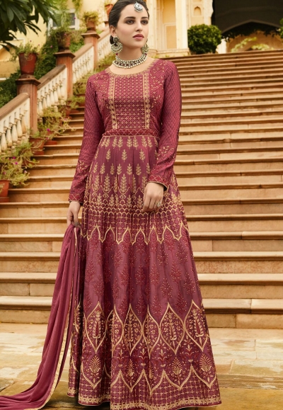 Grey Silk Embroidered Anarkali Suit 105