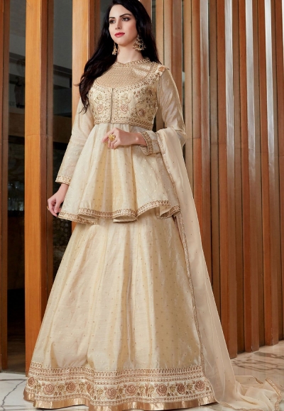 Cream Silk Viscose Long Jacket Lehenga Style Suit 2505