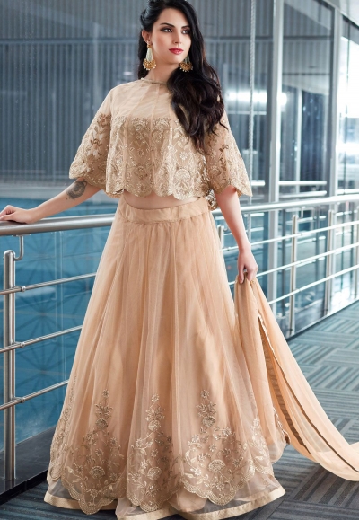 Beige Net Lehenga Style Anarkali with Ponchu Sleeve 2502