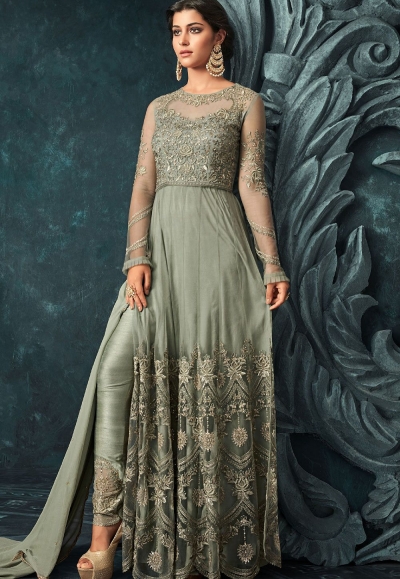 Green Slit Style Skirt & Pant Style Anarkali Suit