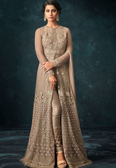 Beige Net Trouser Style Designer Suit 1202