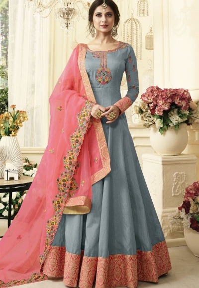 Jennifer Winget Grey Silk Floor Length Anarkali Suit 407