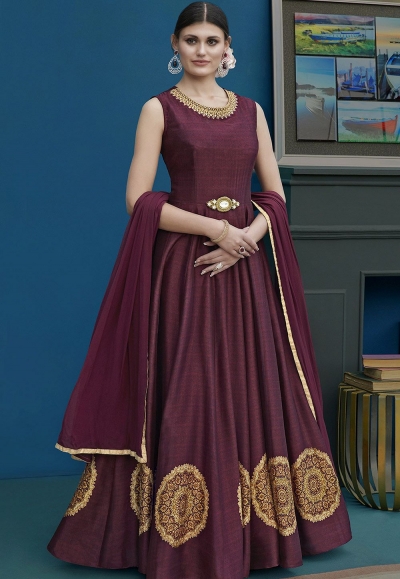 Wine Silk Long Embroidered Anarkali Suit 10126