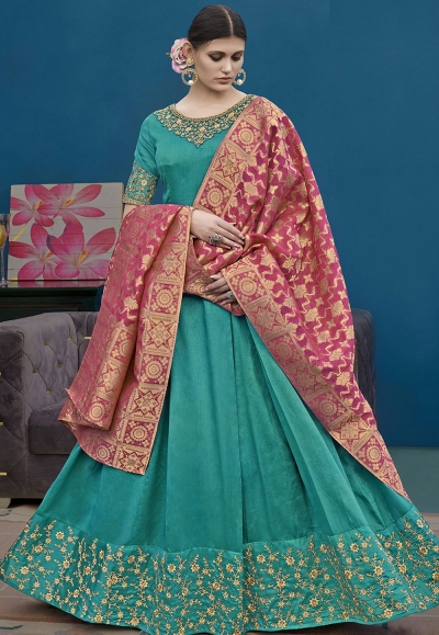 Blue Silk Floor Length Embroidered Anarkali Suit 10122