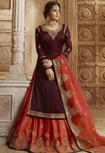 Wine and Orange Satin Georgette Lehenga and Churidar Designer Suit 3008