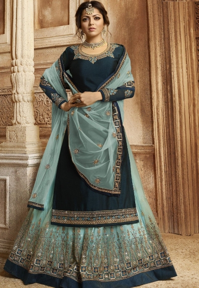 Navy Blue Satin Georgette Lehenga and Churidar Designer Suit 3005