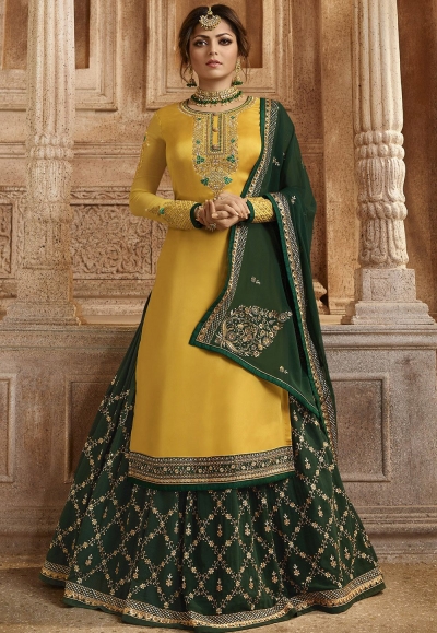 Yellow and Green Satin Georgette Lehenga and Churidar Designer Suit 3004