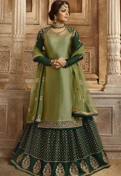 Green Satin Georgette Lehenga and Churidar Designer Suit 3001