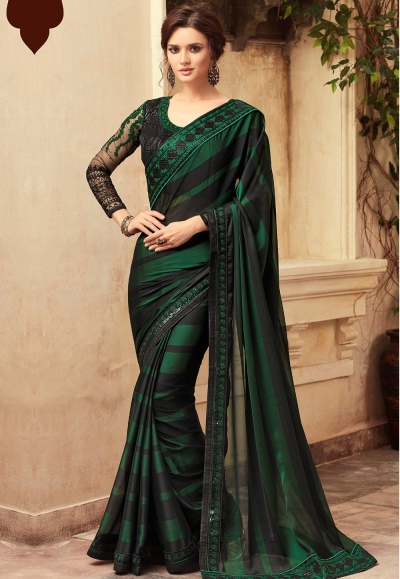 Dark Green Satin Georgette Party Wear Saree With Border 22013