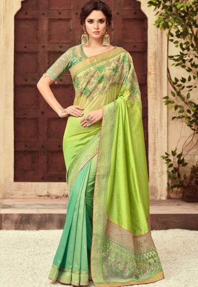 Green Shade Satin Georgette Party Wear Saree With Border 22012