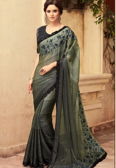 Green and Black Satin Georgette Party Wear Saree With Border 22008
