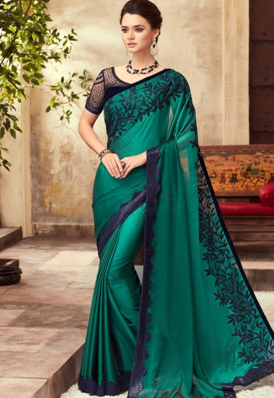 Rama Green Satin Georgette Party Wear Saree With Border 22004