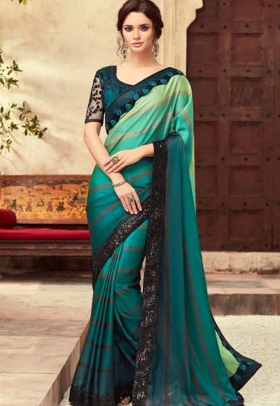 Blue and Rama Green Satin Georgette Party Wear Saree With Border 22002