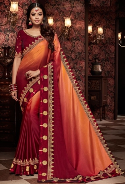 maroon and orange saree with silk blouse 1714