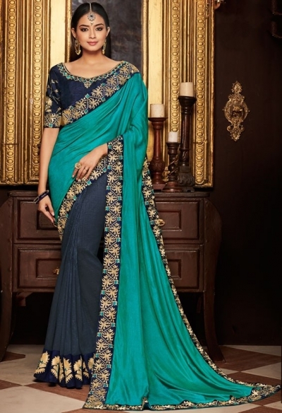 midnight blue and firozi saree with silk blouse 1713
