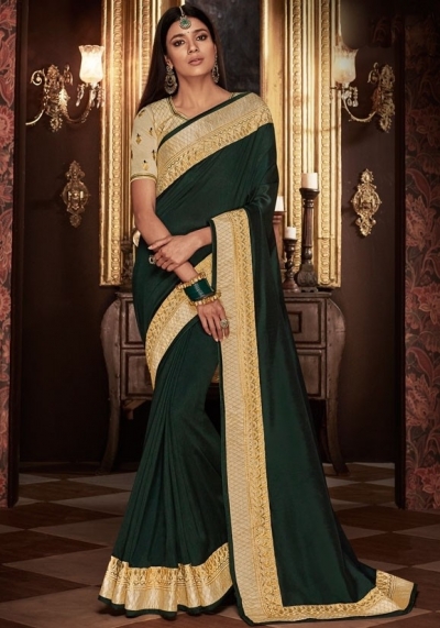 pine green saree with silk blouse 1710