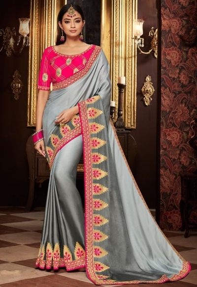 silver grey saree with silk blouse 1706