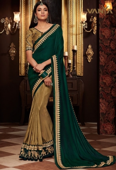 beige and pine green saree with silk blouse 1701