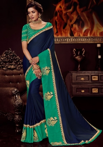 navy blue satin saree with embroidered blouse 10418