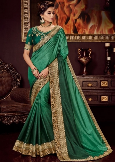 green shaded silk saree with embroidered blouse 10416