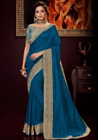 peacock blue silk saree with embroidered blouse 10410