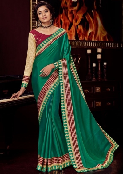 rama green silk saree with embroidered blouse 10409