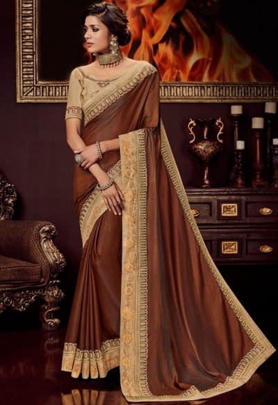 copper brown silk saree with embroidered blouse 10408