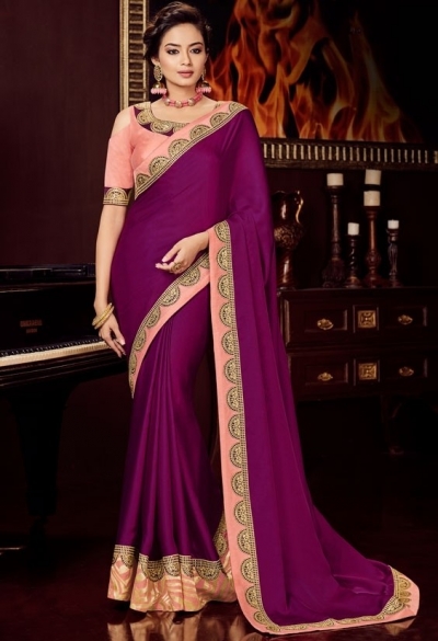 magenta silk saree with embroidered blouse 10406