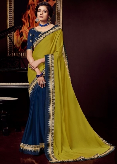 indigo blue and lime yellow saree with embroidered blouse 10405