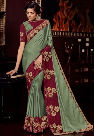 moss green satin saree with embroidered blouse 10403