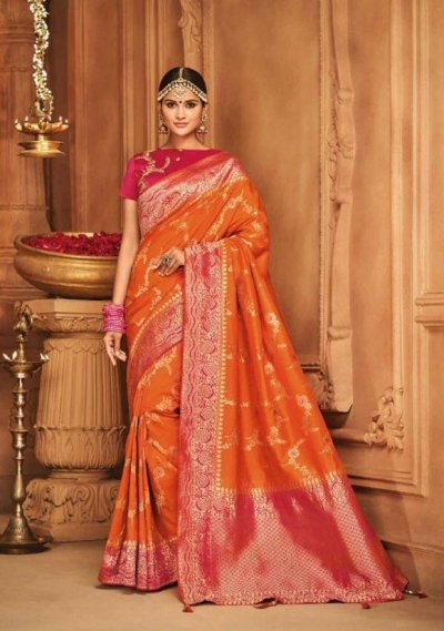 tangerine silk jacquard saree 987