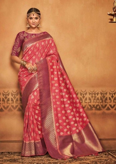 coral pink silk jacquard saree 983